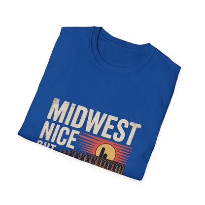 Midwest Nice But Fuck Ice Tee — Retro Sunset Midwest T-Shirt