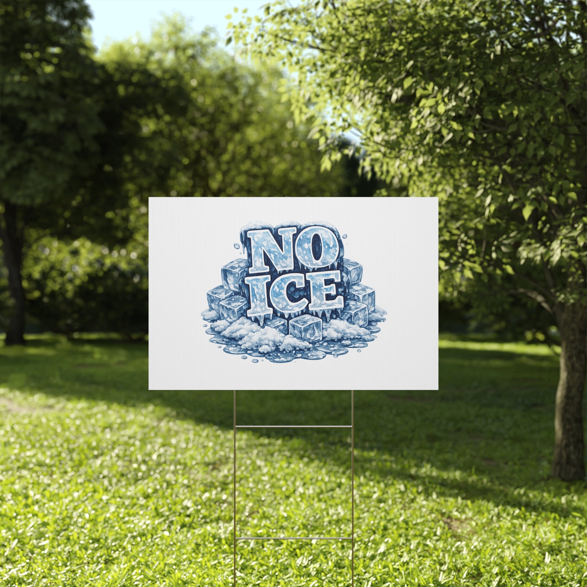 No ICE Plastic Yard Sign — Frosty 'No Ice' Iceberg Design Outdoor Lawn Sign - protest shirt from No Kings Store