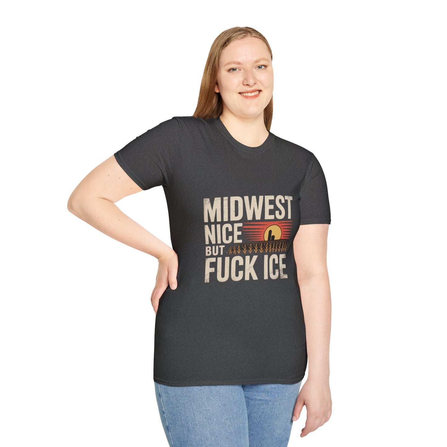 Midwest Nice But Fuck Ice Tee — Retro Sunset Midwest T-Shirt - protest shirt from No Kings Store