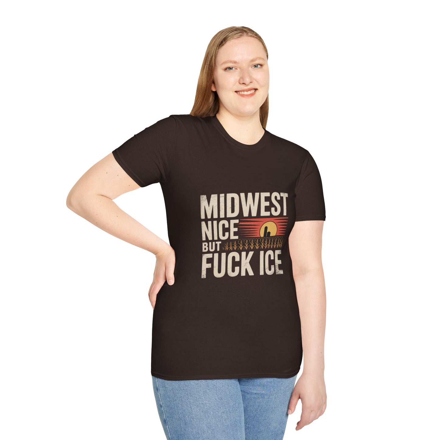 Midwest Nice But Fuck Ice Tee — Retro Sunset Midwest T-Shirt