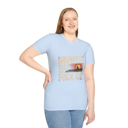 Midwest Nice But Fuck Ice Tee — Retro Sunset Midwest T-Shirt