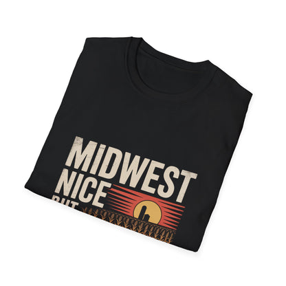 Midwest Nice But Fuck Ice Tee — Retro Sunset Midwest T-Shirt