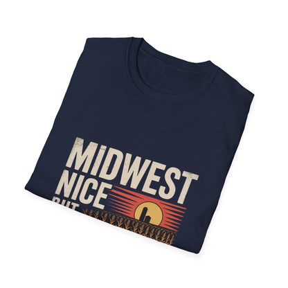 Midwest Nice But Fuck Ice Tee — Retro Sunset Midwest T-Shirt